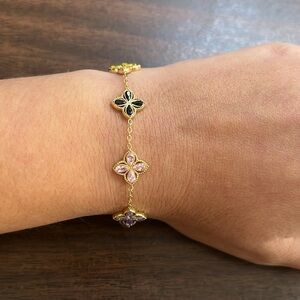 Gold plated stainless steel multi color clover bracelet